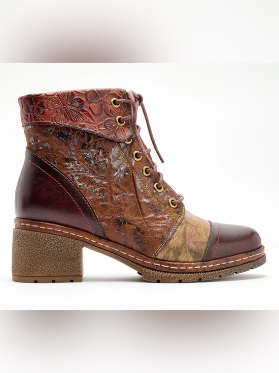 L'artiste Shoes - L'Artiste by Spring Step Brown Floral Embossed Leather Lace-Up Boot